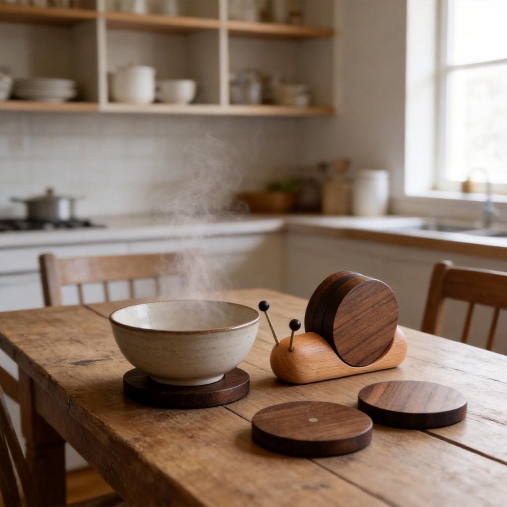 Set di sottobicchieri in legno minimalista moderno con design a lumaca magnetica per decorazione domestica e protezione dal calore