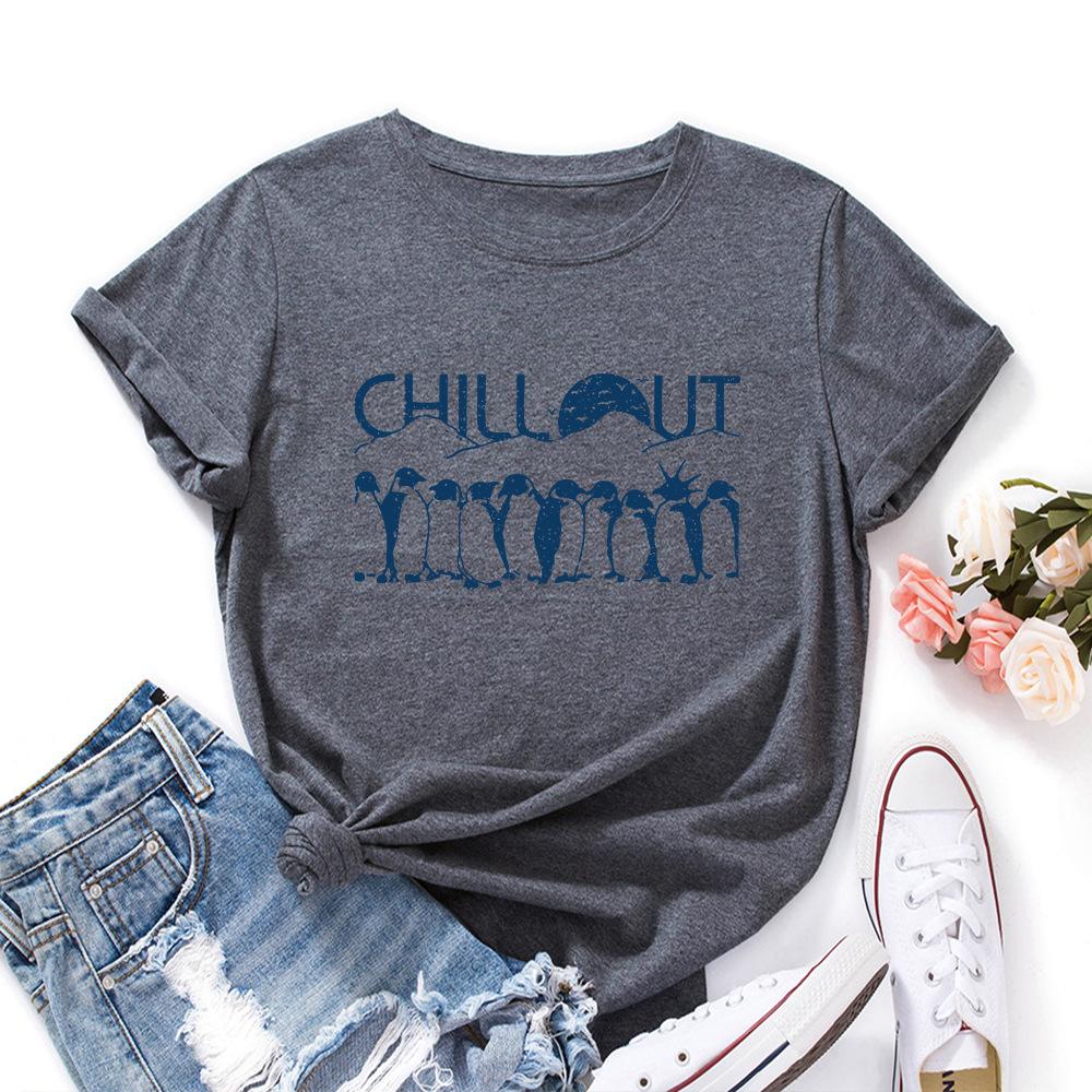 Penguin Cotton T-Shirt Short Sleeve Round Neck Women 2d Print Tops