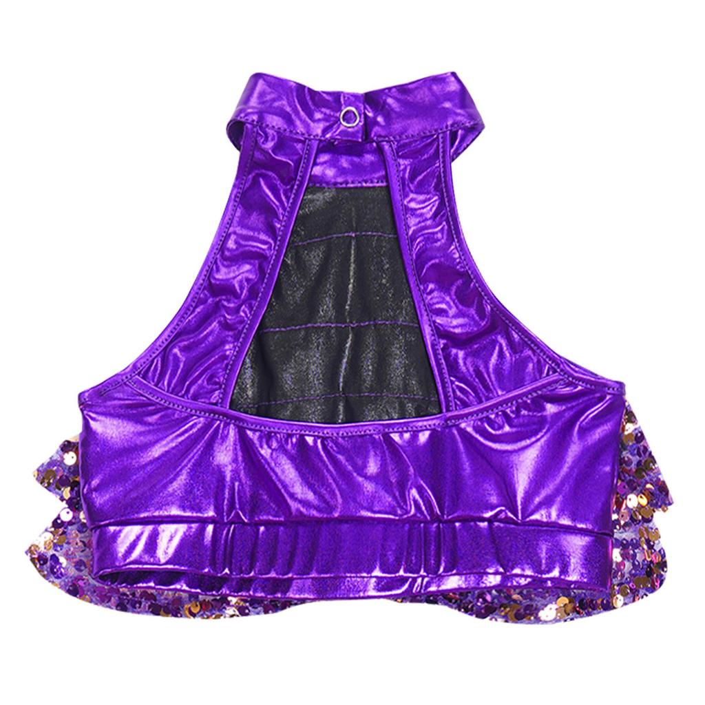 Girls Sleeveless Mock Neck Shiny Sequin Tiered Backless Crop Top Dance Performance Top