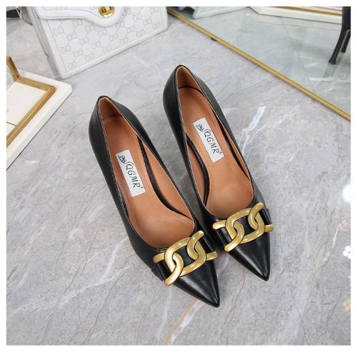 

2025 Spring Summer Women Sandals Pointed Toe Retro Metal Buckle Slim Heel Shoes High Heels Open Toe Casual 33