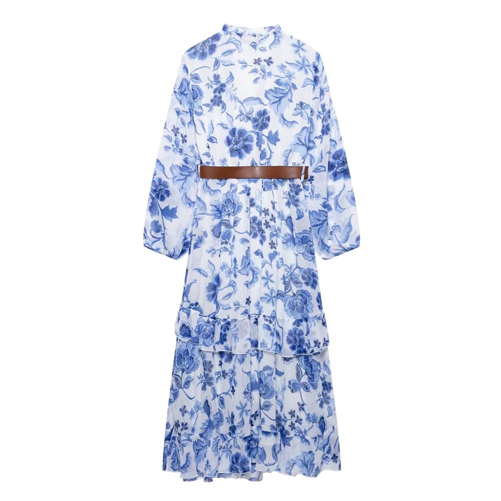 Spring/Summer 2025 Women's Slim Fit V-Neck Belted Print Midi Dress