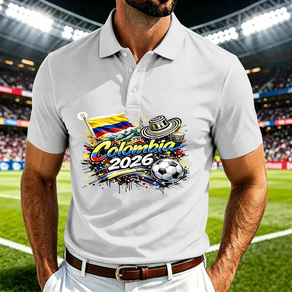 Men's Casual Polo Shirt Quick Dry Breathable Mesh Short Sleeve Lightweight Soccer Print Collared Top for Outdoor Sports and Daily Wear