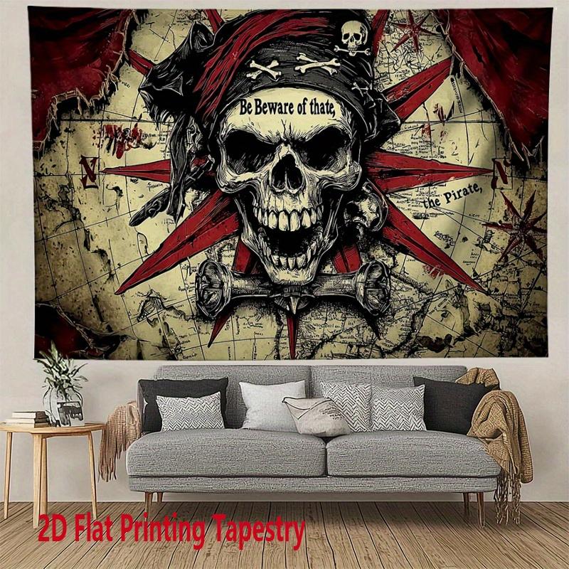 Pirate Skeleton and Treasure Digital Printing Polyester Wall Tapestry Suitable for Use Living Rooms Bedrooms Offices Bars Party