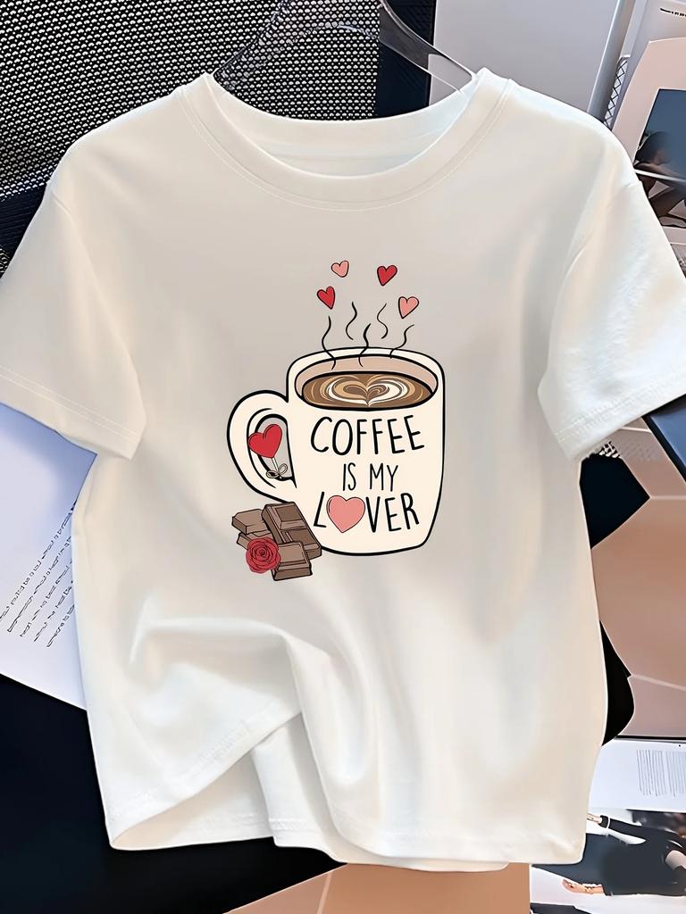 Unisexs Coffee Is My Love Language Graphic TShirt Casual Short Sleeve Crew Neck TShirt With Heart And Coffee Cup Graphic