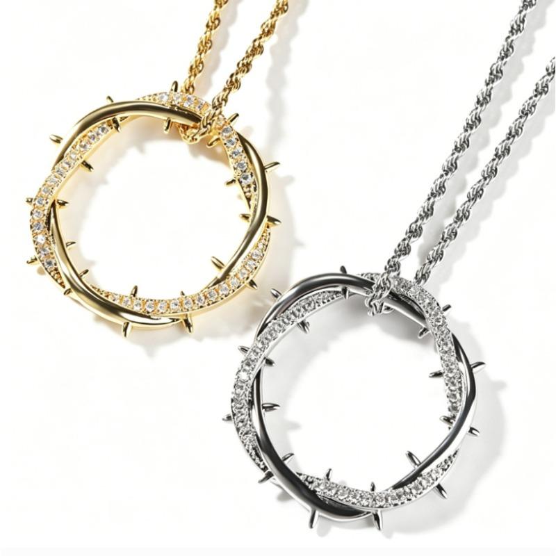 European and American Hip Hop Thorn Double Ring Pendant Copper Set Zircon Men's Personalized Trendy Brand Full Diamond Necklace
