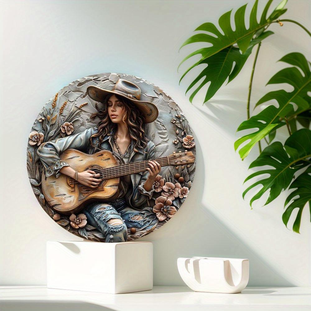 Round Wooden Wall Art Decor, Music-Themed Guitar, 3D Relief Design, Durable, Outdoor, Indoor, Office, Home Decor