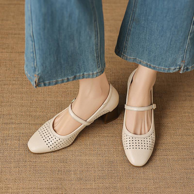 Krazing Pot Sheepskin Round Toe Thick Heels Summer Shoes Solid Big Size 42 Hollow Decoration Women Shallow Pumps