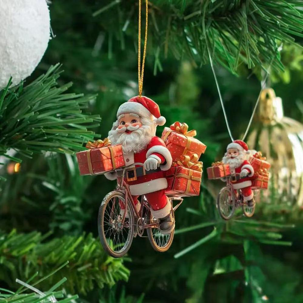 8Pcs Bicycle Santa Claus Xmas Tree Pendant 2D Flat Wooden Ornament Set Christmas Decorations