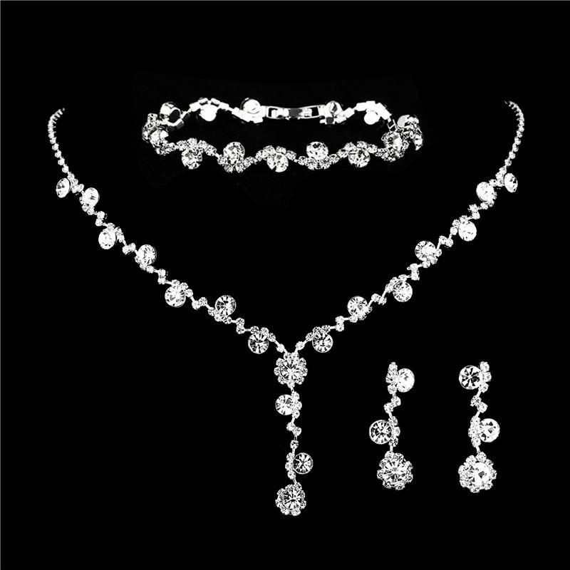 Multi-Color Jewelry Set New Shiny Full Diamond Women'S Wedding Jewelry Necklace Earrings Bracelet Three-Piece Set