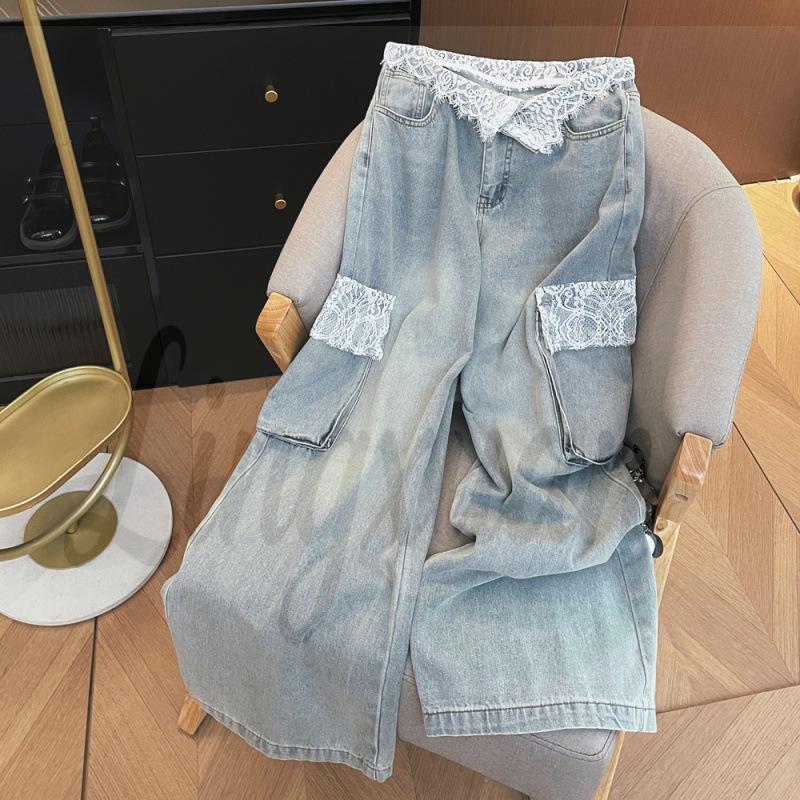 Korean Style High-Waist Wide Leg Denim Jeans with Lace Pocket XL