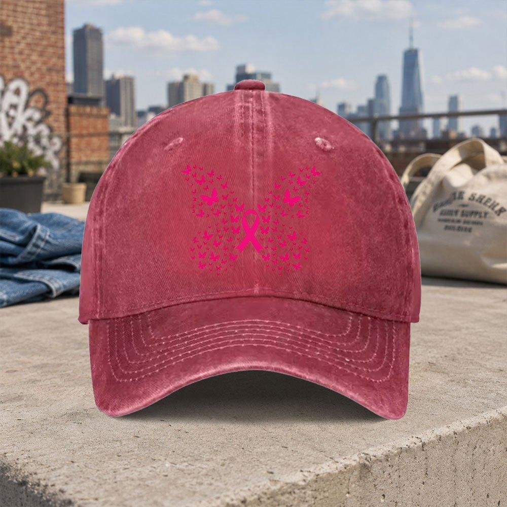 Pink Butterfly Ribbon Duckbill Cap Vintage Washed Baseball Hat for Unisex Women Hook Loop Closure