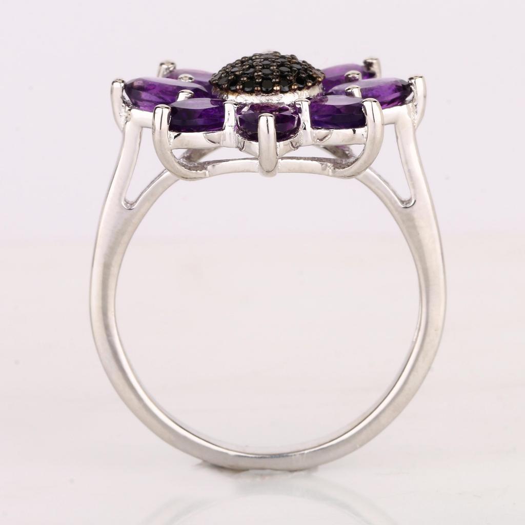 Amethyst Flower Ring, 925 Sterling Silver Black Spinel Cluster Statement Floral Jewelry
