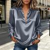 Women's Satin Button Collar Shirt Long Sleeve Silk Feel Blouse Split Hem Smooth Fabric Top for Casual Workwear