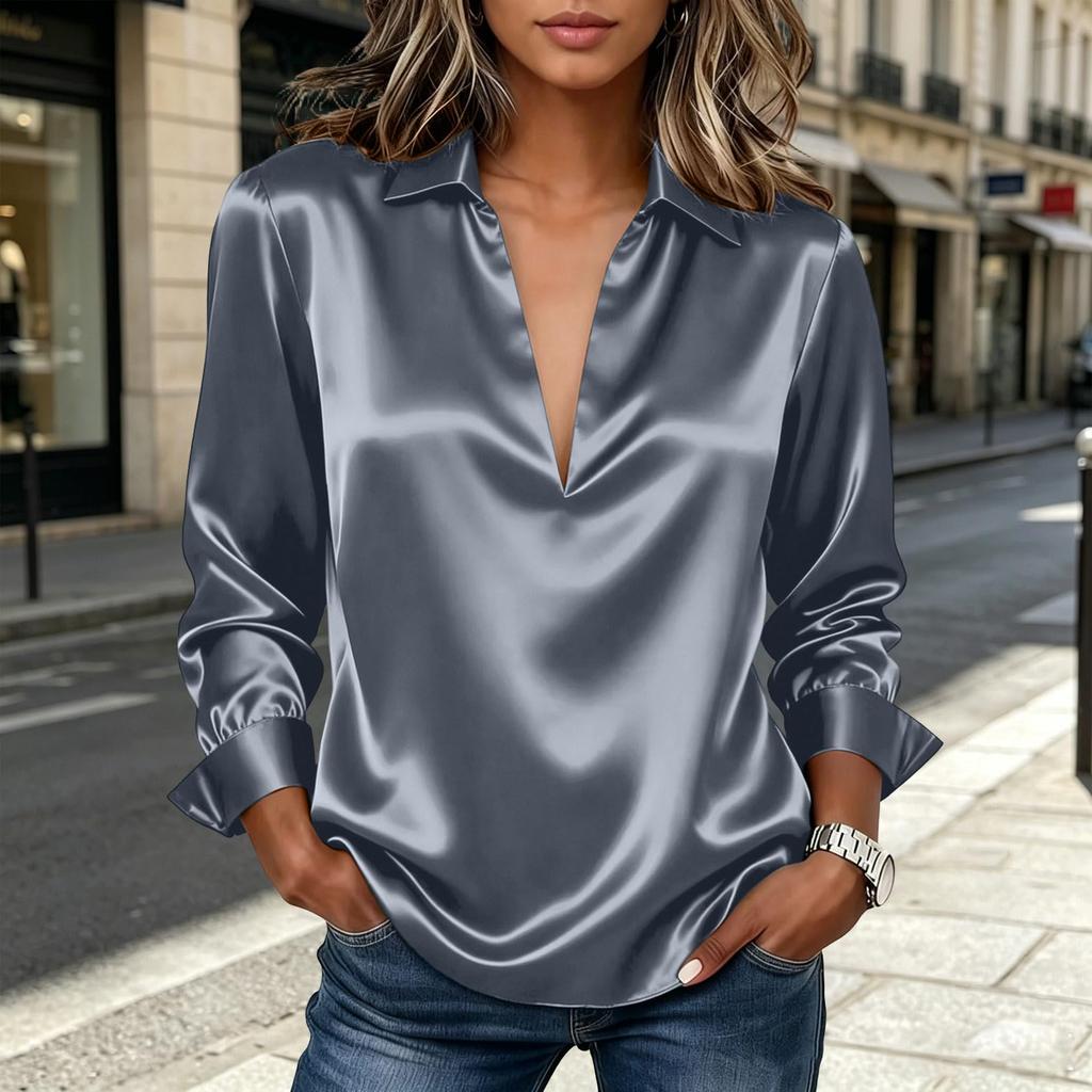 Women's Satin Button Collar Shirt Long Sleeve Silk Feel Blouse Split Hem Smooth Fabric Top for Casual Workwear