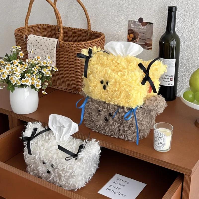 Nordic Style Plush Cartoon Dog Shape Napkin Boxes Solid Color Issue Bag Thread Napkin Holder Tissue Bag Storage Napkins