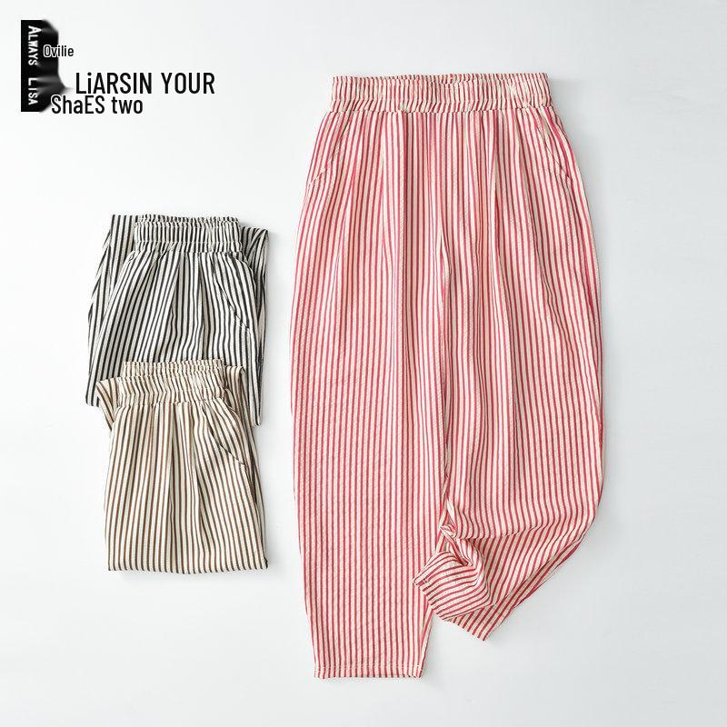 

Женские летние повседневные брюки микроклеш в ретро-полоску 2024 XL