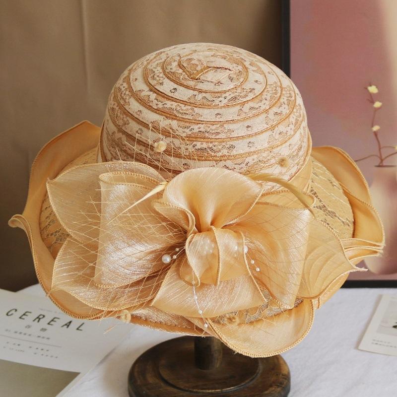 Hat female summer European and American lace breathable sun hat temperament elegant pearl flower bucket hat sun protection sun hat tide