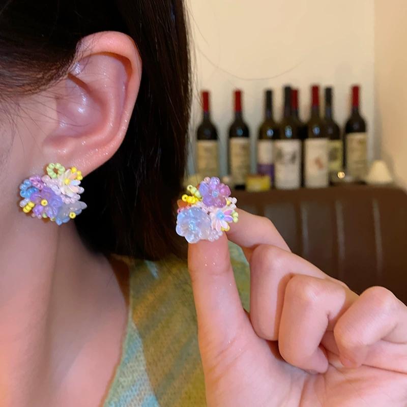 Romantic Handmade Beads Flower Earrings for Women Exquisite Elegent Rice Bead Floral Earring Dopamine Y2K Jewelry Gifts
