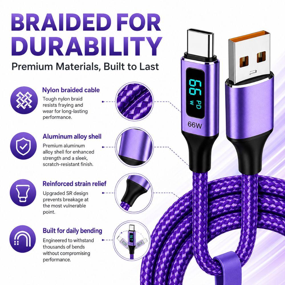Real-Time Display USB-A To USB-C Cable 66W Fast Charging Data Cable Laptop Charging