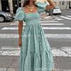 Women's Square Neck Gingham Midi Dress Puff Short Sleeve Elastic Waist Ruffled Hem Summer Beach Long Dress