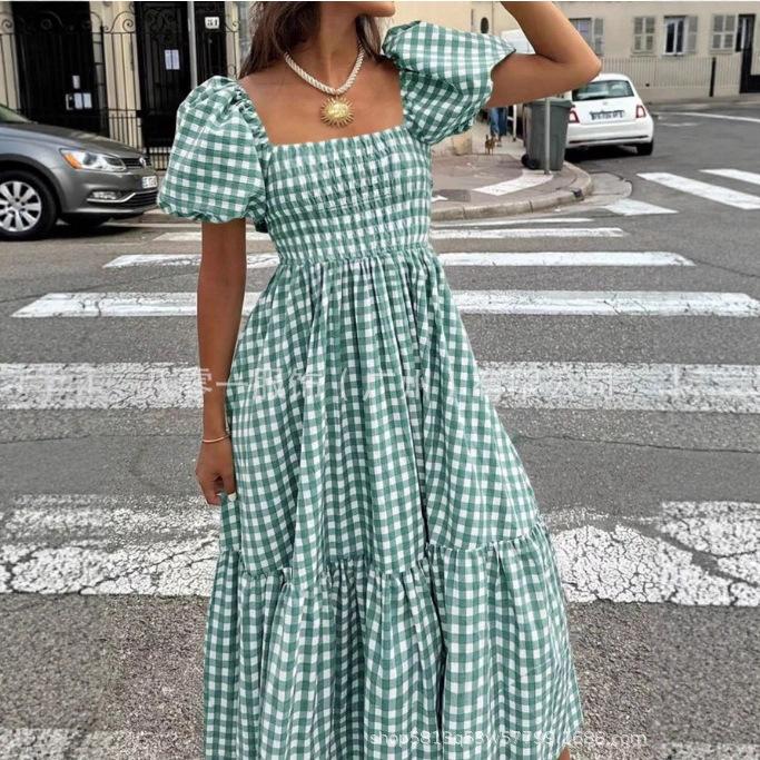 Women's Square Neck Gingham Midi Dress Puff Short Sleeve Elastic Waist Ruffled Hem Summer Beach Long Dress