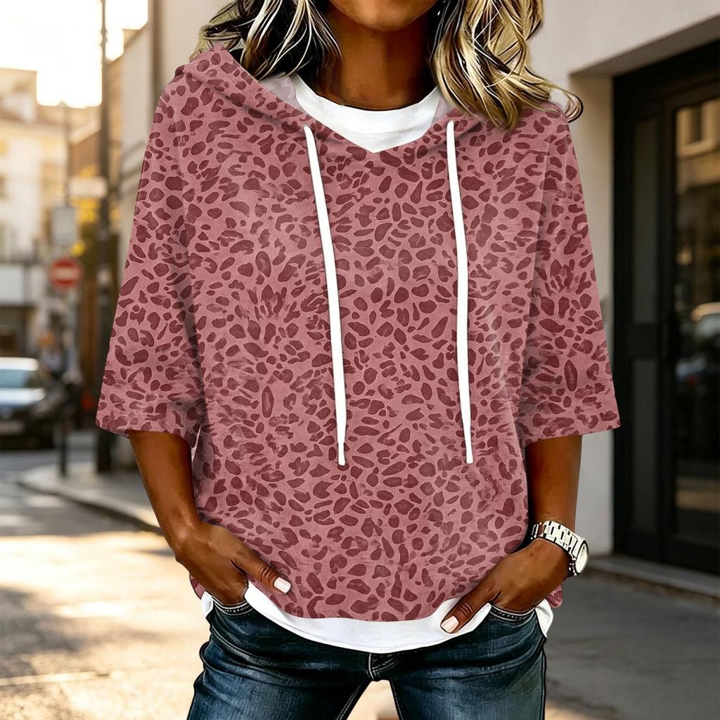 Damenmode Lässig 3/4 Ärmel Leopardenmuster Kapuzen-T-Shirt für den Alltag