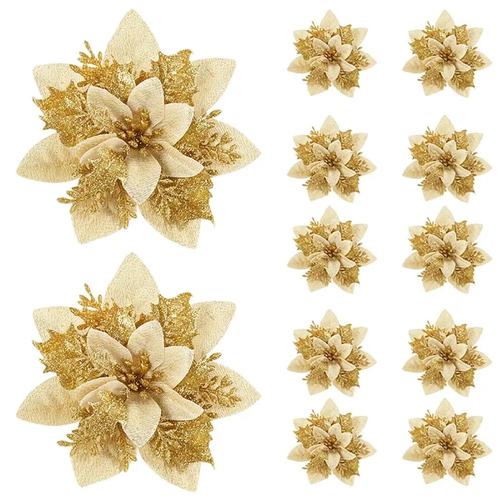 5/10/20Pcs Christmas Flower Ornaments,pink,red,gold,glitter Artifical Flowers for Christmas Tree,xmas Decoration for Home