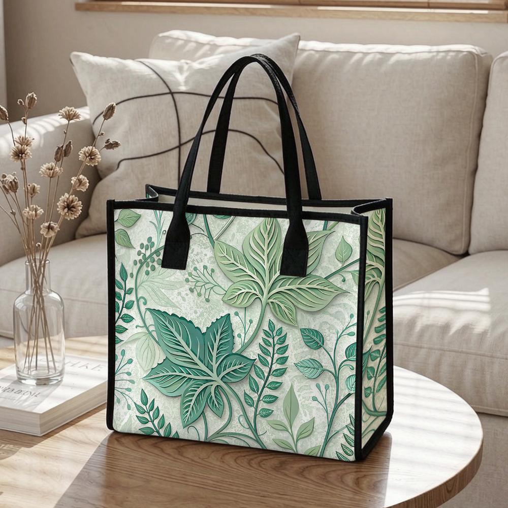 Green Leaves Pattern Casual Tote Bag Portable Daily Use Shopping Shoulder Handbag for Women