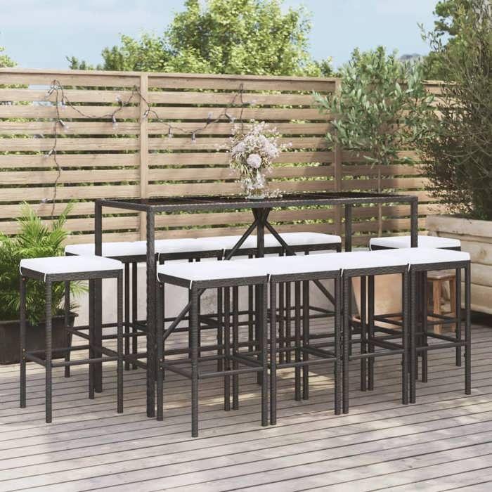 VidaXL Ensemble de bar de jardin 11 pcs avec coussins noir poly rotin, ensemble de table de bar, table et chaise de bar, 3187639