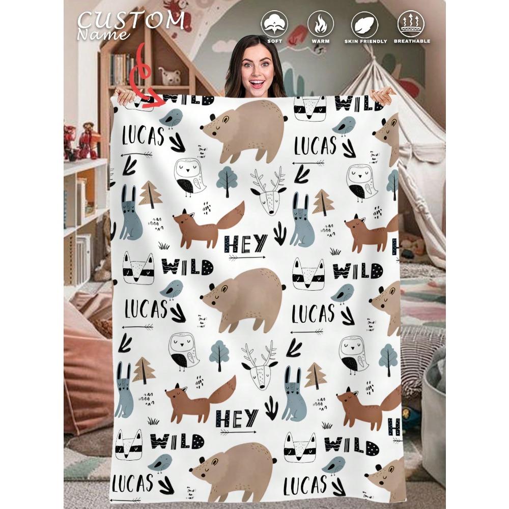 1 Piece Of Personalized Name Custom Blanket Cartoon Cute Icon Flannel Blanket Comfortable Soft And Warm Suitable For All Ages