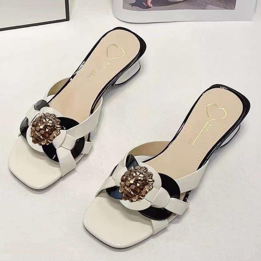 New Summer Mid-heeled, High-heeled and Thick-heeled Sandals for Women, One-shoulder Genuine Leather Slippers A60