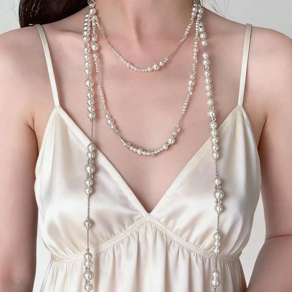 Retro Multi-layer Pearl Fringed Necklace, Long Stacked Neck Chain, Retro Gypsy Water Drop Sweater Chain