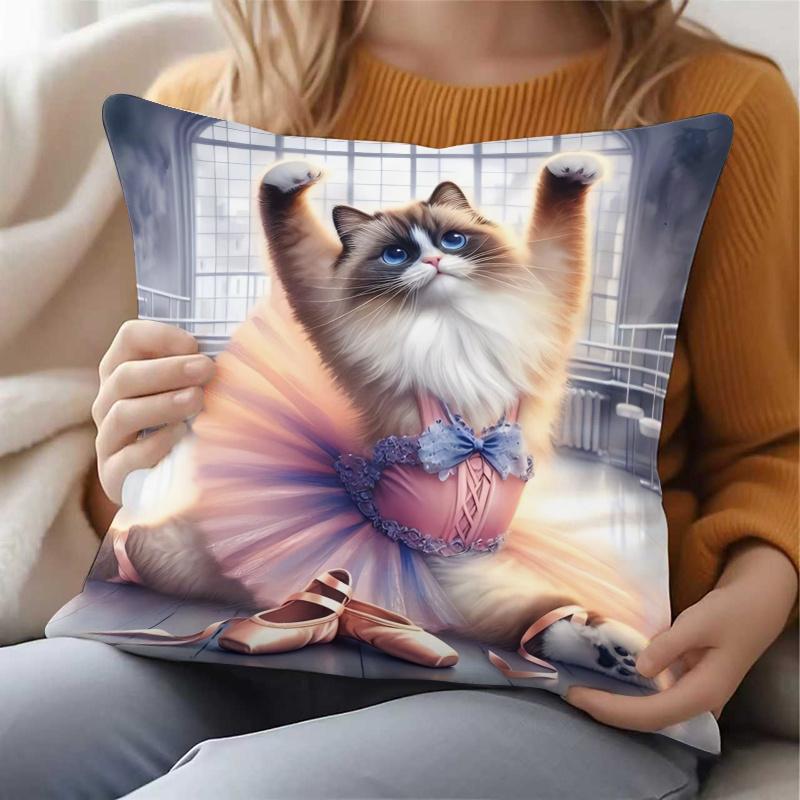 1pc 1pcs Abstract Ballet Cat Pillowcase & Cushion Cover - Double-Sided Printed Modern Ballet Dancer Cat, Zipper Closure Suitable for Sofa Bed Decor, M