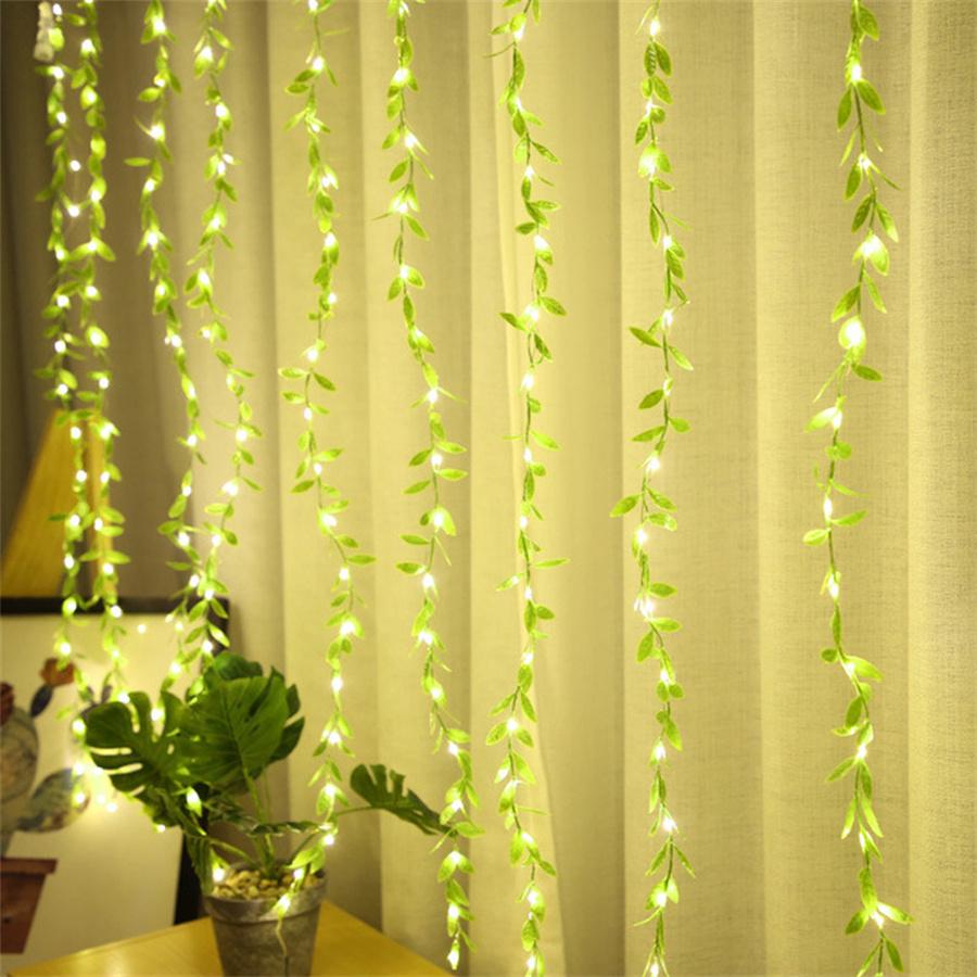 3X2M 200 LED Artificial Vines Curtain Lights Fake Willow Leaves Curtain Fairy Lights USB Powered Green Fake Plant String Light