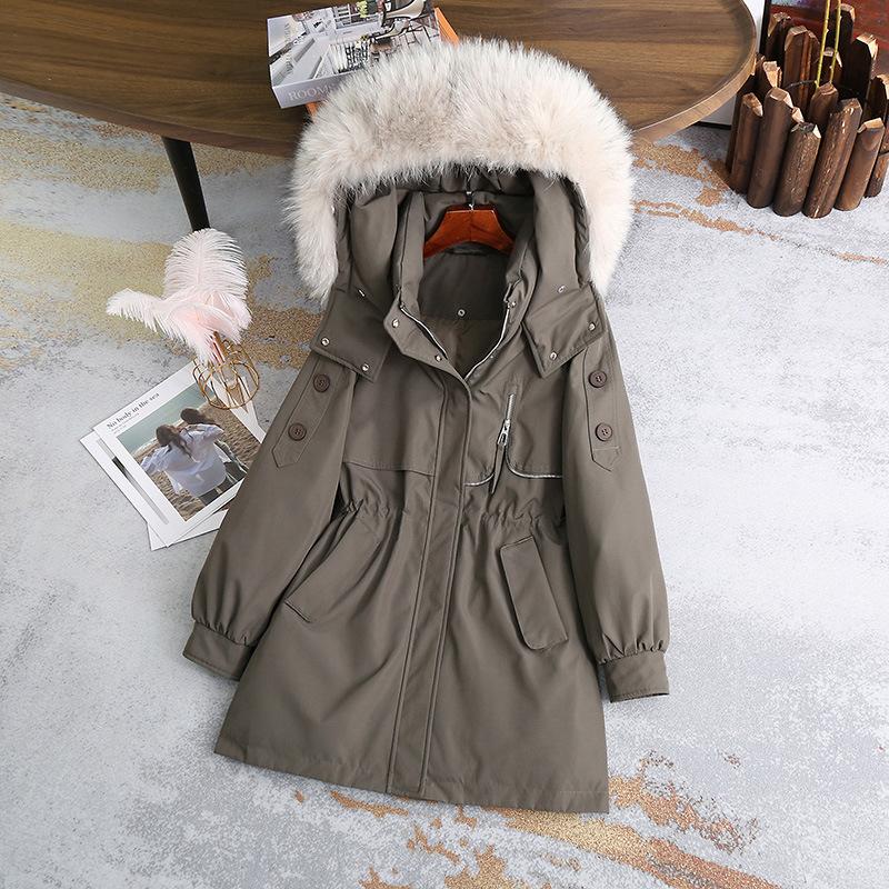 Pai Cotton Coat Women's Winter Hooded Thickened Mid-length Cold-proof Cotton Jacket Drawstring Waist Down Cotton Jacket