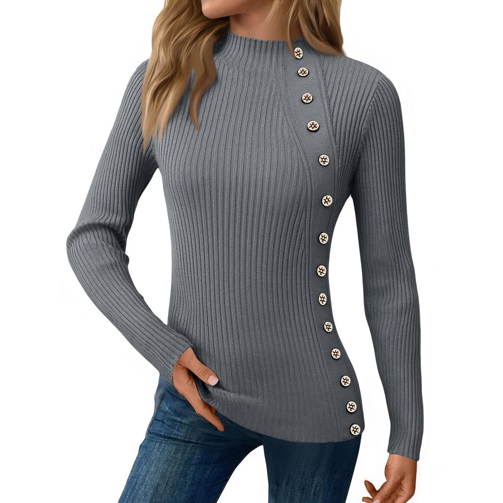 Women's Casual Solid Color Slim Button Knit Sweater Long Sleeved Base Sweater Sweater