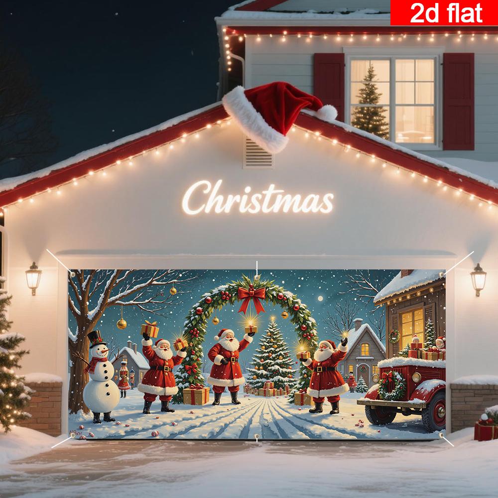 2D Door Flag 1 Piece Christmas Garage Door Flag - Festive Santa Claus and Snowman Scene