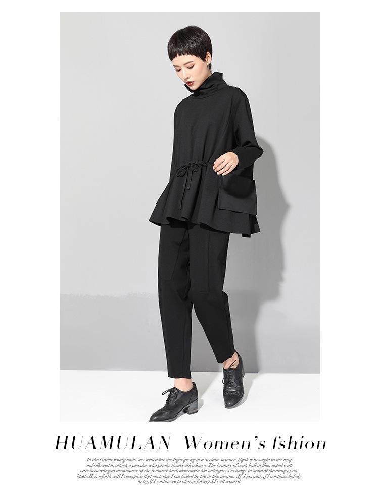 Trendiges Damen Oberteil im europäischen und amerikanischen Stil, dunkel, langärmlig, mit Kordelzug in der Taille - Frühling/Herbst