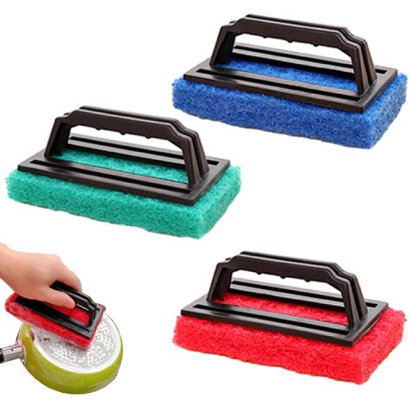3 Pcs Hand-Held Pool Scrub Brush, Pool Cleaning Scrubbing Sponge Pad, Bathroom Scouring Pad, Bathtub Scrubber With Handle For Shower Tile 3 Pcs