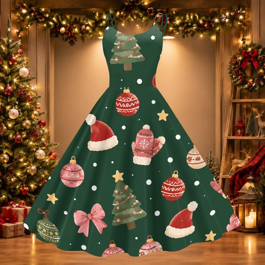 Women's Christmas Print Off-Shoulder Vintage Dress