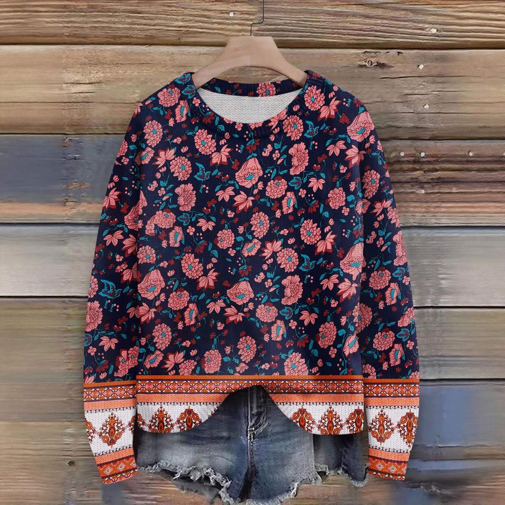 Long Sleeve Pullover Sweaters For Women O Neck Casual Cute Printing Knit Oversized Sweater