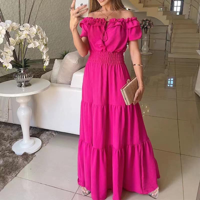 Women's Summer Long Dress New Fashion Solid Color Ruffled Strapless Puff Sleeve Vacation Dress Women Elegant Off Shoulder Sexy A Line Female Dresses