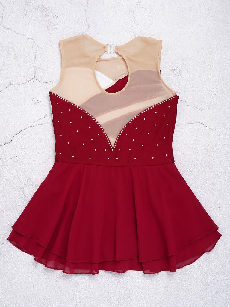 Kinder Mädchen Glänzender Strass Ärmelloser Chiffon Gespleißtes Eiskunstlaufkleid Gymnastik Tutu Ballettanzug