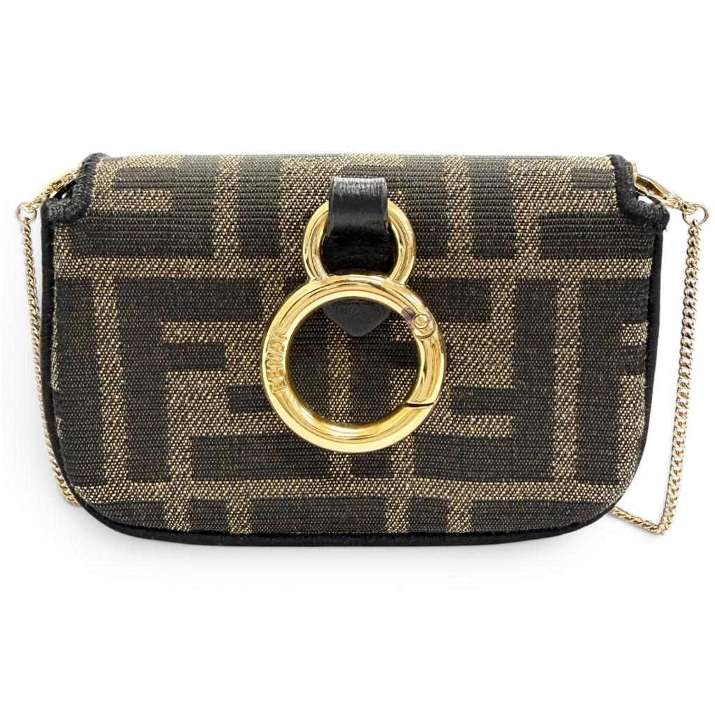 Great FENDI Nano bucket FF Logo Metal Zucca Pattern 2-Way Chain Shoulder Pouch Used