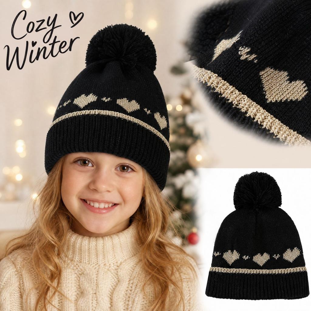 Girls Cute Knitted with Gold Thread Heart and Ear, Warm Winter Hat for Kids