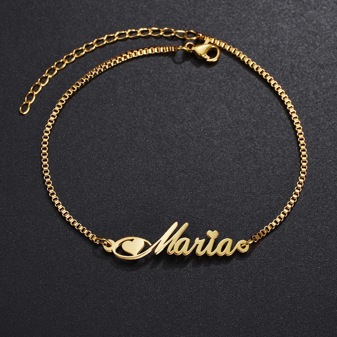 

Atoztide Custom Personalized Name Bracelet Stainless Steel Color Flower Bead Box Chain Engraved Handwriting Heart Bangle Gift silver color&9cm