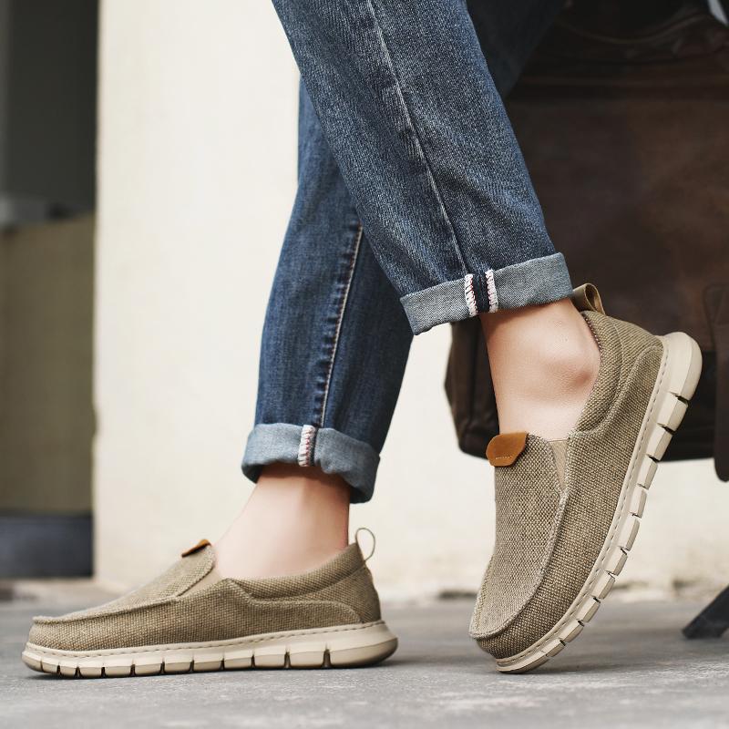 Men Outdoor Canvas Shoes Blue Slip on Sneakers Driving Shoes Casual Khaki Wide Head Shoes for Farther Plus Size Lightweight