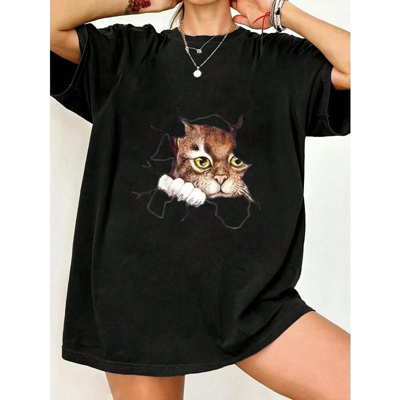 Oversized T Shirt Black Cat Face Breakthrough Print Casual Wear For Women Summer Streetwear Fashion Top