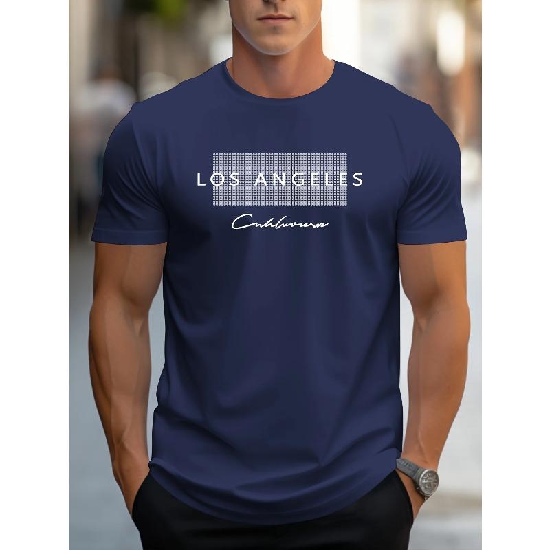 Men's 100% Cotton Summer Loose Fit Large Los Angeles Graphic Printed Slim Fit Casual Sports Round Neck Short Sleeved T-shirt Top
