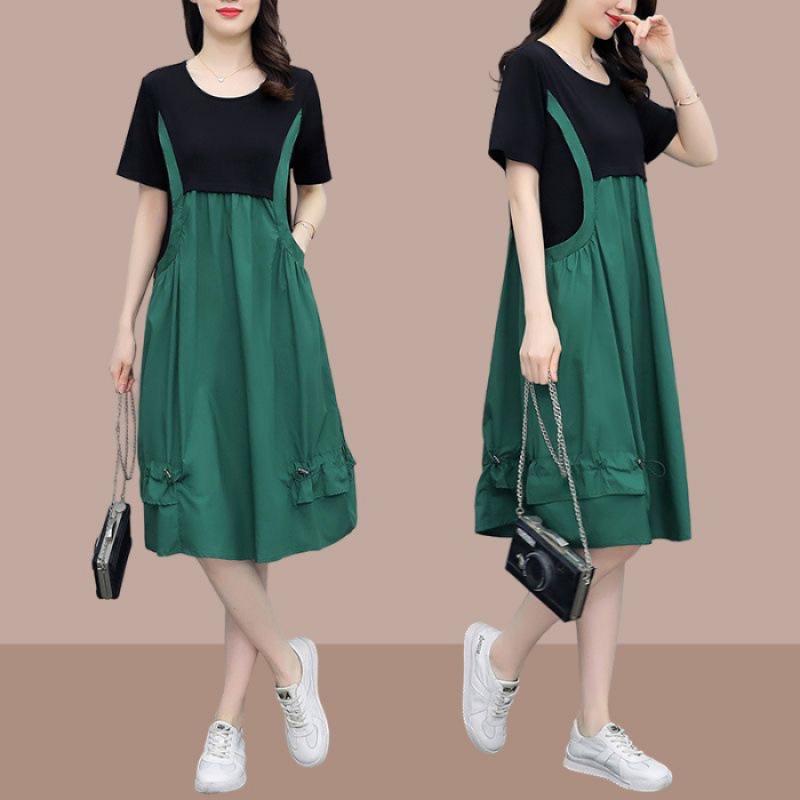 

2026 Korean Style Plus Size Loose Midi Dress - Trendy, Stylish, Age-Reducing Summer Two-Piece Look 2XL зелений
